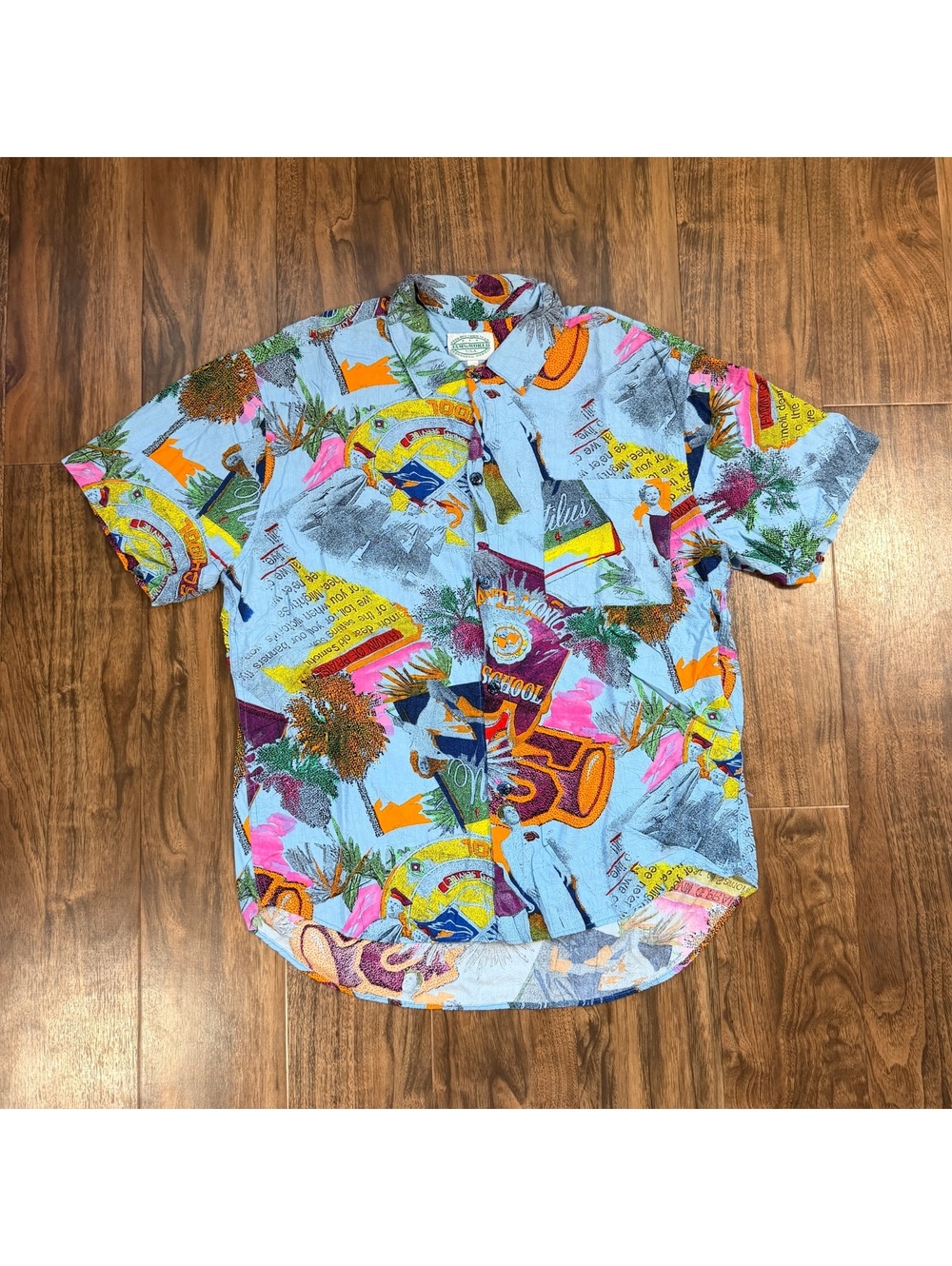 Vintage 90s Jams World Santa Monica High School AOP Hawaiian Shirt L Rayon
